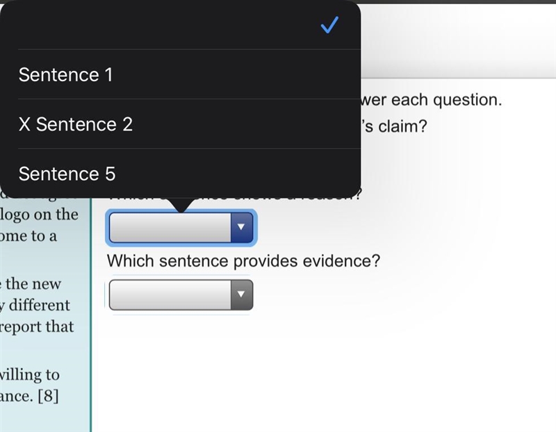 Use the drop-down menus to answer each question. 1. Which sentence states the author-example-3