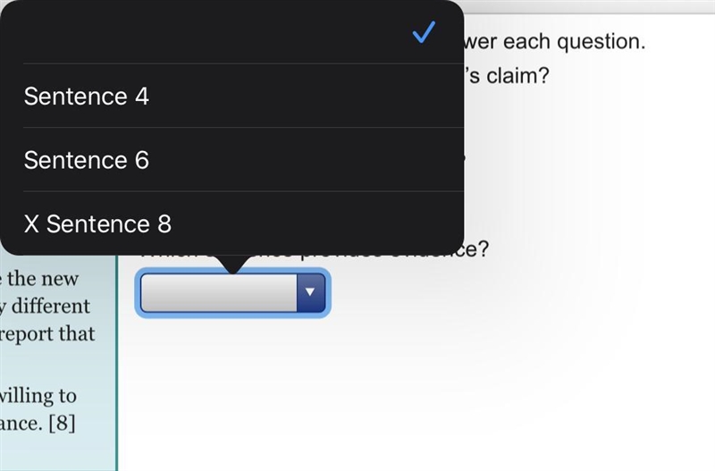 Use the drop-down menus to answer each question. 1. Which sentence states the author-example-4