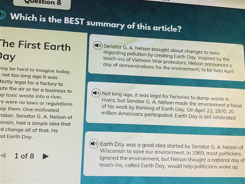 Which is the BEST summary of this article “The First Earth Day”-example-1