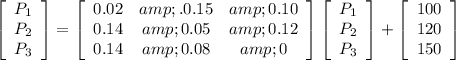 \left[\begin{array}{c}P_1\\P_2\\P_3\end{array}\right] =\left[\begin{array}{ccc}0.02&amp;.0.15&amp;0.10\\0.14&amp;0.05&amp;0.12\\0.14&amp;0.08&amp;0\end{array}\right] \left[\begin{array}{c}P_1\\P_2\\P_3\end{array}\right] +\left[\begin{array}{c}100\\120\\150\end{array}\right]