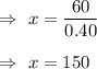 \Rightarrow\ x=(60)/(0.40)\\\\\Rightarrow\ x= 150