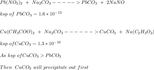 Pb(NO_3)_2 \ + \ Na_2CO_3 -----> PbCO_3 \ + \ 2NaNO\\\\ksp \ of \ PbCO_3 = 1.6*10^(-13) \\\\ \\Cu (CH_3COO)_2 \ + \ Na_2CO_3 ------> CuCO_3 \ + \ Na(C_2H_3O_2)\\\\ksp \ of CuCO_3 = 1.3*10^(-10)\\\\As \ ksp \ of CuCO_3 > PbCO_3\\\\Then \ \ CuCO_3 \ will \ precipitate \ out \ first