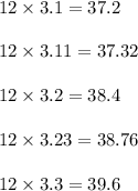 12 * 3.1 = 37.2\\\\12 * 3.11 = 37.32\\\\12 * 3.2 = 38.4\\\\12 * 3.23 = 38.76\\\\12 * 3.3 = 39.6