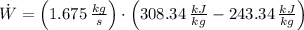 \dot W = \left(1.675\,(kg)/(s) \right)\cdot \left(308.34\,(kJ)/(kg)-243.34\,(kJ)/(kg) \right)