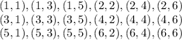 (1, 1), (1, 3), (1, 5),(2, 2), (2, 4), (2, 6)\\(3, 1), (3, 3), (3, 5), (4, 2), (4, 4), (4, 6)\\(5, 1),(5, 3), (5, 5), (6, 2), (6, 4), (6,6)