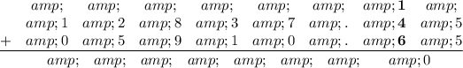 \frac{\begin{matrix}\space\space&amp;\space\space&amp;\space\space&amp;\space\space&amp;\space\space&amp;\space\space&amp;\space\space&amp;\textbf{1}&amp;\space\space\\ \space\space&amp;1&amp;2&amp;8&amp;3&amp;7&amp;.&amp;\textbf{4}&amp;5\\ +&amp;0&amp;5&amp;9&amp;1&amp;0&amp;.&amp;\textbf{6}&amp;5\end{matrix}}{\begin{matrix}\space\space&amp;\space\space&amp;\space\space&amp;\space\space&amp;\space\space&amp;\space\space&amp;\space\space&amp;\textbf{\space\space}&amp;0\end{matrix}}