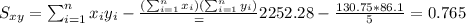 S_(xy)=\sum_(i=1)^n x_i y_i -\frac{(\sum_(i=1)^n x_i)(\sum_(i=1)^n y_i)}=2252.28-(130.75*86.1)/(5)=0.765