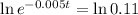 \ln{e^(-0.005t)} = ln(0.11)