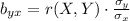 b_(yx)=r(X,Y)\cdot (\sigma_(y))/(\sigma_(x))