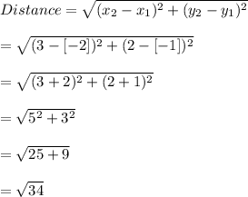 Distance = \sqrt{(x_(2)-x_(1))^(2)+(y_(2)-y_(1))^(2)}\\\\ =\sqrt{(3-[-2])^(2)+(2-[-1])^(2)} \\\\=\sqrt{(3+2)^(2)+(2+1)^(2)}\\\\=\sqrt{5^(2)+3^(2)}\\\\=√(25+9)\\\\=√(34)