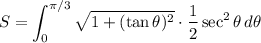 \displaystyle S = \int_(0)^(\pi /3)√(1+(\tan\theta)^2)\cdot (1)/(2)\sec^2\theta\, d\theta