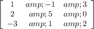 \left[\begin{array}{ccc}1&amp;-1&amp;3\\2&amp;5&amp;0\\-3&amp;1&amp;2\end{array}\right]