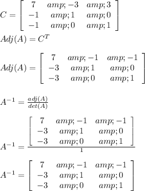 C=\left[\begin{array}{ccc}7&amp;-3&amp;3\\-1&amp;1&amp;0\\-1&amp;0&amp;1\end{array}\right] \\\\Adj(A)=C^(T)\\\\Adj(A)=\left[\begin{array}{ccc}7&amp;-1&amp;-1\\-3&amp;1&amp;0\\-3&amp;0&amp;1\end{array}\right] \\\\\\A^(-1)=(adj(A))/(det(A))\\\\A^(-1)=\frac{\left[\begin{array}{ccc}7&amp;-1&amp;-1\\-3&amp;1&amp;0\\-3&amp;0&amp;1\end{array}\right] }{1}\\\\A^(-1)=\left[\begin{array}{ccc}7&amp;-1&amp;-1\\-3&amp;1&amp;0\\-3&amp;0&amp;1\end{array}\right]