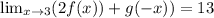 \lim_(x \to3 ) (2f(x))+g(-x))=13