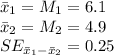 \bar x_(1)=M_(1)=6.1\\\bar x_(2)=M_(2)=4.9\\SE_{\bar x_(1)-\bar x_(2)}=0.25