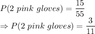 P(2\ pink\ gloves) = (15)/(55)\\\Rightarrow P(2\ pink\ gloves) = (3)/(11)