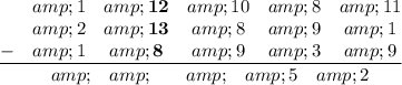 \frac{\begin{matrix}\space\space&amp;1&amp;\textbf{12}&amp;10&amp;8&amp;11\\ \space\space&amp;\linethrough{2}&amp;\textbf{\linethrough{13}}&amp;8&amp;\linethrough{9}&amp;\linethrough{1}\\ -&amp;1&amp;\textbf{8}&amp;9&amp;3&amp;9\end{matrix}}{\begin{matrix}\space\space&amp;\space\space&amp;\textbf{\space\space}&amp;\space\space&amp;5&amp;2\end{matrix}}