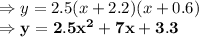 \Rightarrow y =2.5(x+2.2)(x+0.6)\\\Rightarrow \bold{y=2.5x^2+7x+3.3}