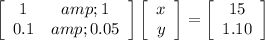 \left[\begin{array}{cc}1&amp;1\\0.1&amp;0.05\end{array}\right] \left[\begin{array}{c}x\\y\end{array}\right] = \left[\begin{array}{c}15\\1.10\end{array}\right]