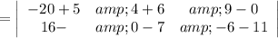 =\left|\begin{array}{ccc}-20+5&amp;4+6&amp;9-0\\16-&amp;0-7&amp;-6-11\end{array}\right|