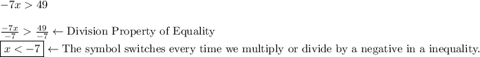 -7x>49\\\\(-7x)/(-7)>(49)/(-7) \leftarrow \text {Division Property of Equality}\\\boxed{x < -7} \leftarrow \text {The symbol switches every time we multiply or divide by a negative in a inequality.}