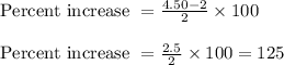 \text{ Percent increase } = (4.50-2)/(2) * 100\\\\\text{ Percent increase } =(2.5)/(2) * 100 = 125