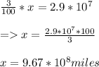 (3)/(100) * x = 2.9 * 10^7\\\\=> x = (2.9 * 10^7 * 100 )/(3) \\\\x = 9.67 * 10^8 miles