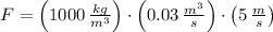 F = \left(1000\,(kg)/(m^(3)) \right)\cdot \left(0.03\,(m^(3))/(s) \right)\cdot \left(5\,(m)/(s) \right)