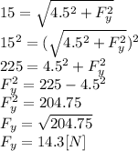 15=\sqrt{4.5^(2)+F_(y)^(2)}\\ 15^(2)= (\sqrt{4.5^(2)+F_(y)^(2)})^(2) \\225 = 4.5^(2)+F_(y) ^(2)\\ F_(y)^(2) =225 -4.5^(2)\\ F_(y)^(2)=204.75\\F_(y)=√(204.75)\\ F_(y)=14.3 [N]