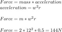 Force= mass * acceleration\\\ acceleration= w^2r\\\\ Force= m*w^2r\\\\Force =2*12^2*0.5= 144 N