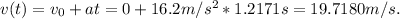 v(t) = v_(0)+at = 0+16.2m/s^2*1.2171s = 19.7180m/s.