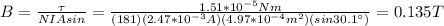 B=(\tau)/(NIAsin\tetha)=(1.51*10^(-5)Nm)/((181)(2.47*10^(-3)A)(4.97*10^(-4)m^2)(sin30.1\°))=0.135T