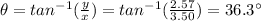 \theta=tan^(-1)((y)/(x))=tan^(-1)((2.57)/(3.50))=36.3^(\circ)