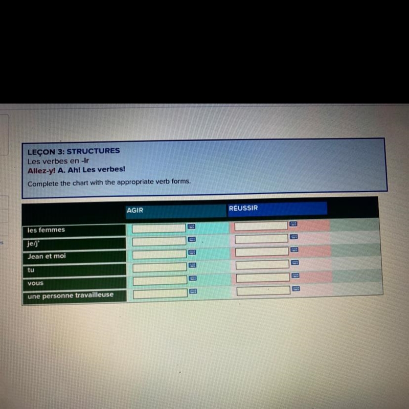 Complete the chart with the appropriate verb forms. Please help?!-example-1