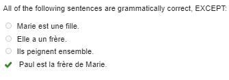 All of the following sentences are grammatically correct, EXCEPT: A. Marie est une-example-1