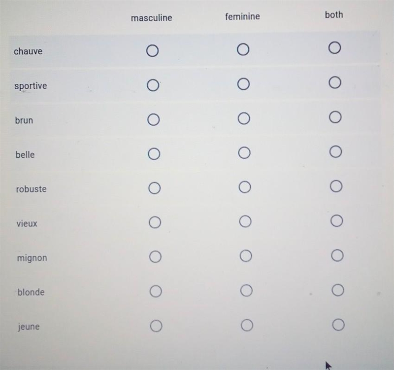 Indicate whether each adjective listed is masculine feminine or both.​-example-1