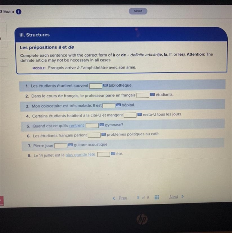 Complete each sentence with the correct form of à or de + definite article (le, la-example-1