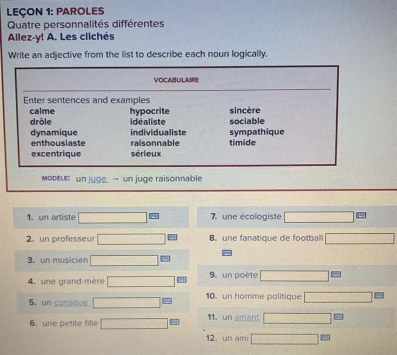 Write an adjective from the list to describe each noun logically Plsss help!! :)-example-1