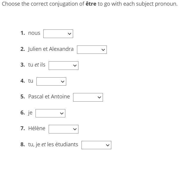 Choose the correct conjugation of être to go with each subject pronoun.-example-1