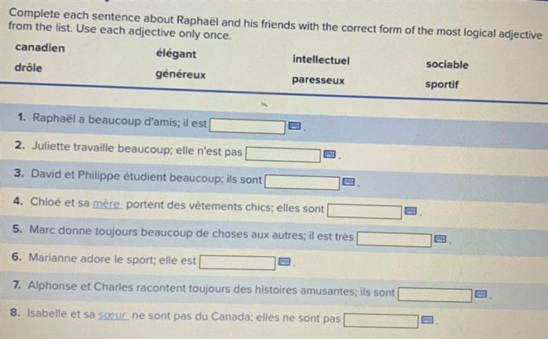 Complete each sentence about Raphael and his friends with the correct form of the-example-1