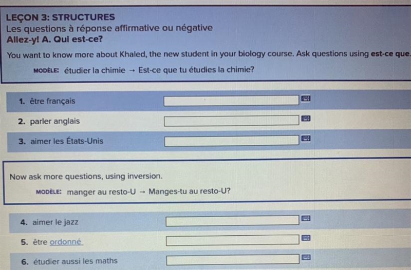 You want to know more about Khaled, the new student in your biology course. Ask questions-example-1