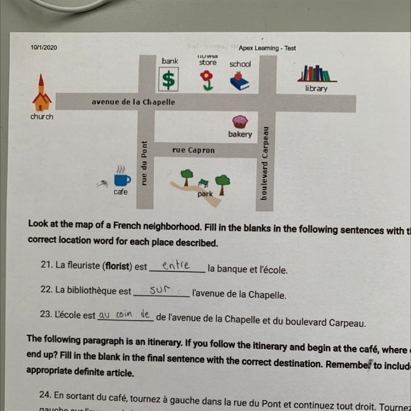 Look at the map of a French neighborhood. Fill in the blanks in the following sentences-example-1