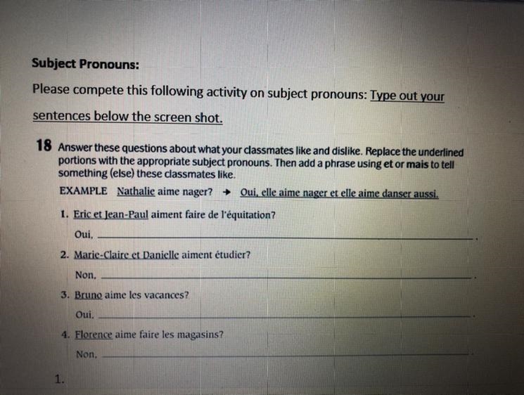 Subject Pronouns: Please compete this following activity on subject pronouns: Type-example-1