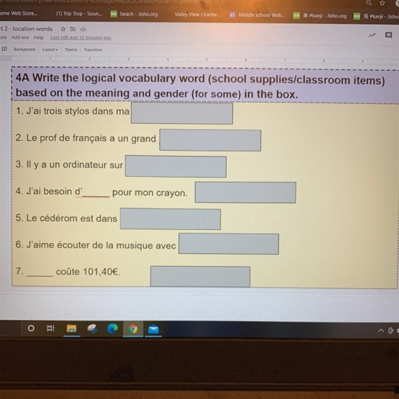 Write the logical vocabulary word (school supplies/classroom items) based on the meaning-example-1