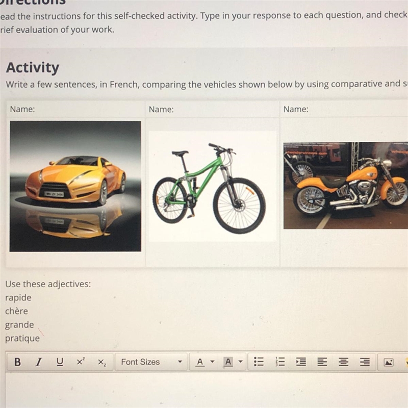 Activity Write a few sentences, in French, comparing the vehicles shown below by using-example-1