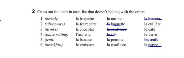 Cross out the Item in each list that doesn't belong with the others. Read each sentence-example-1