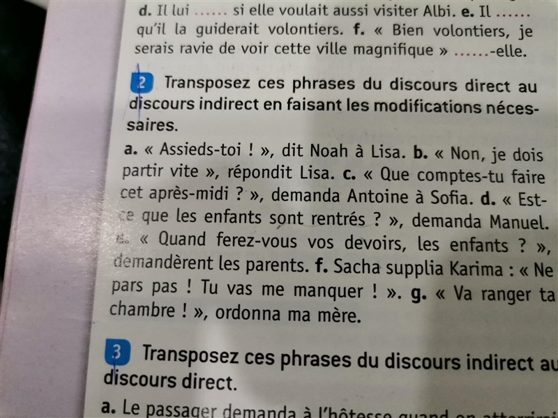 Exercice 2 Transpozer ces fhrases du discours direct au discours indirect en faisant-example-1