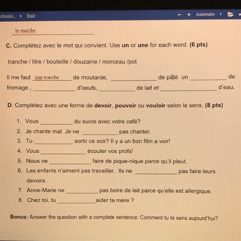 C. Complétez avec le mot qui convient. Use un or une for each word and D. Complétez-example-1