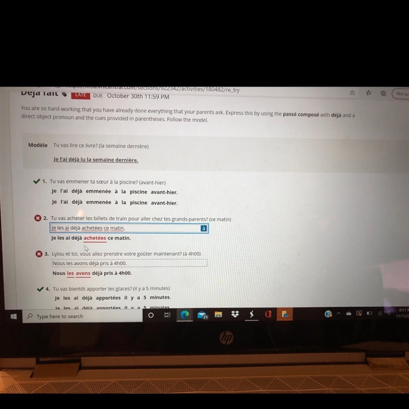 Can someone help me on my French I'm in French 3 working on passé composer I have-example-1