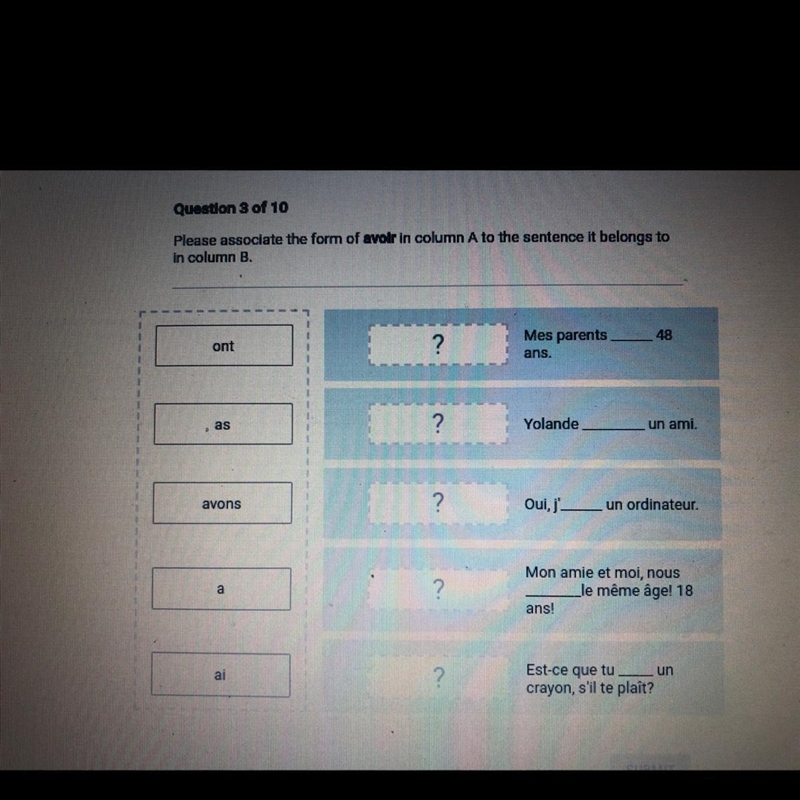 Please associate the form of avoir in column A to the sentence it belongs to in column-example-1